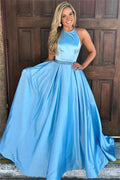 Graceful Long A-line Jewel Satin Blue Prom Dress by BIZTUNNEL