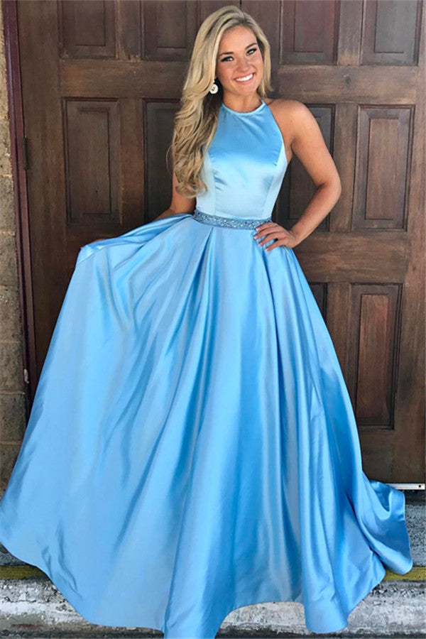Graceful Long A-line Jewel Satin Blue Prom Dress Hover Image