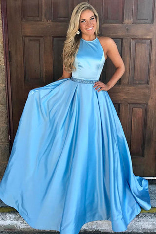 Elegante vestido de fiesta largo de satén azul joya con corte en A