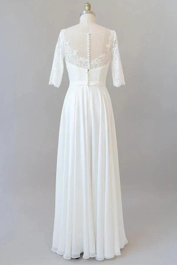 Graceful Long A-line Lace Chiffon Wedding Dress with Sleeves by BIZTUNNEL