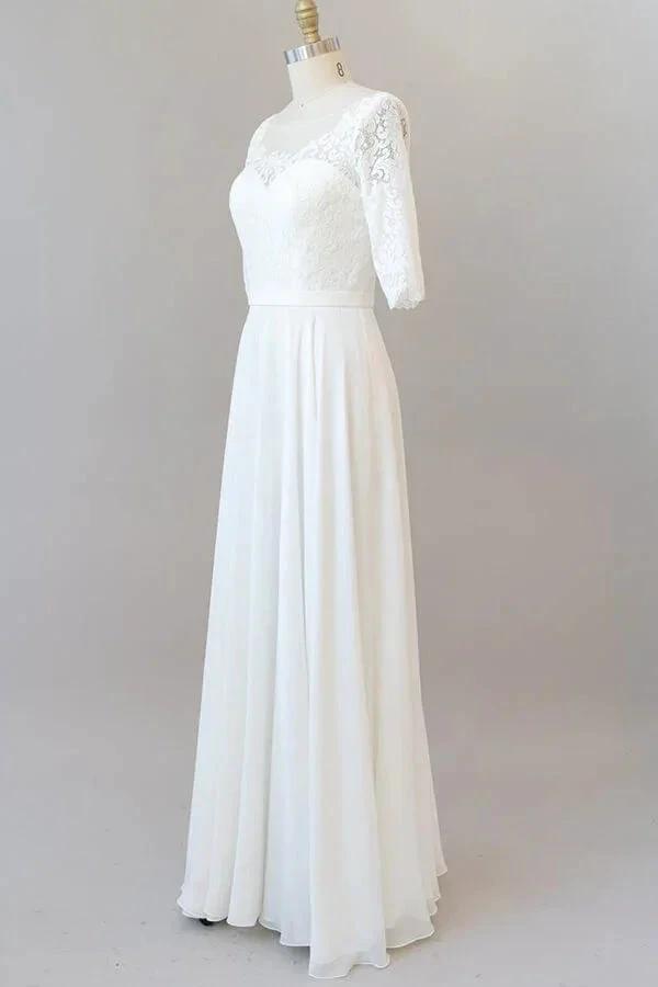 Graceful Long A-line Lace Chiffon Wedding Dress with Sleeves by BIZTUNNEL