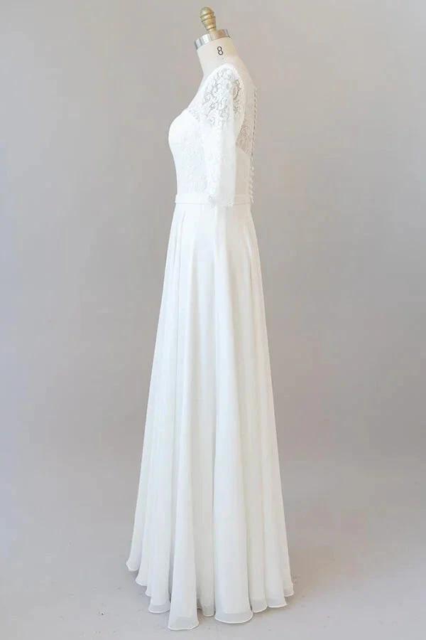 Graceful Long A-line Lace Chiffon Wedding Dress with Sleeves by BIZTUNNEL
