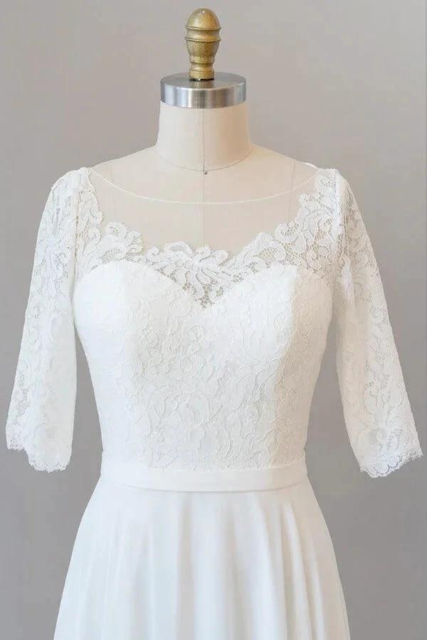 Graceful Long A-line Lace Chiffon Wedding Dress with Sleeves by BIZTUNNEL
