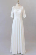 Graceful Long A-line Lace Chiffon Wedding Dress with Sleeves by BIZTUNNEL