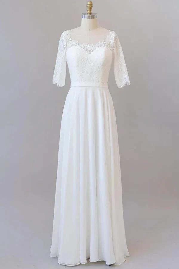 Graceful Long A-line Lace Chiffon Wedding Dress with Sleeves by BIZTUNNEL