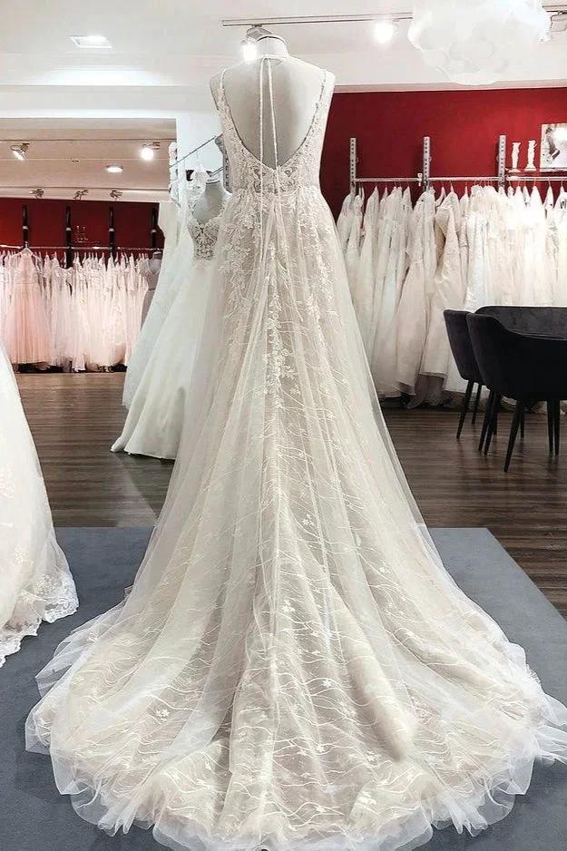 Graceful Long A-line Tulle V-neck Lace Backless Wedding Dresses by BIZTUNNEL