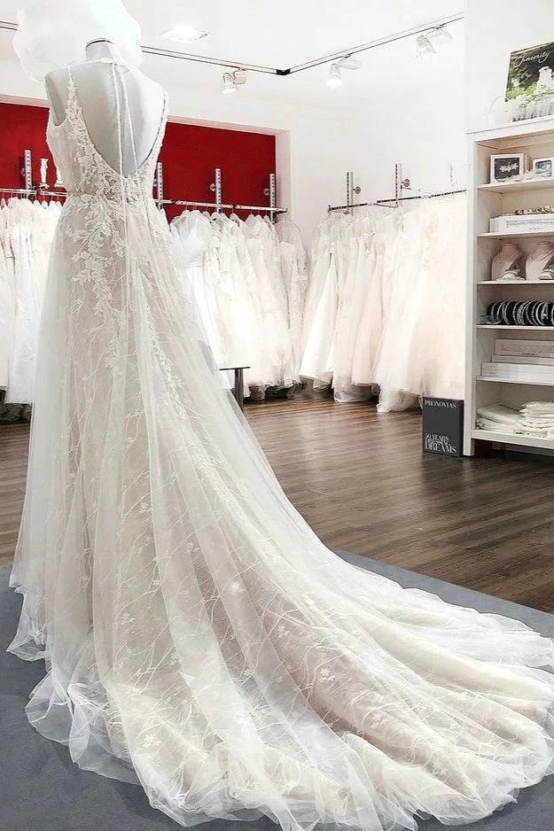Graceful Long A-line Tulle V-neck Lace Backless Wedding Dresses by BIZTUNNEL