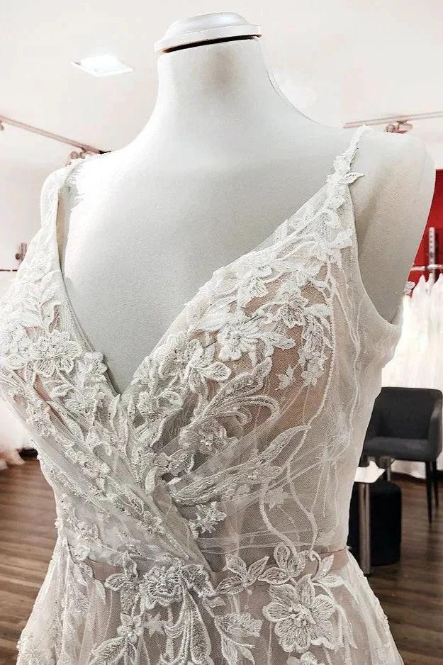 Graceful Long A-line Tulle V-neck Lace Backless Wedding Dresses by BIZTUNNEL