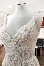 Graceful Long A-line Tulle V-neck Lace Backless Wedding Dresses by BIZTUNNEL
