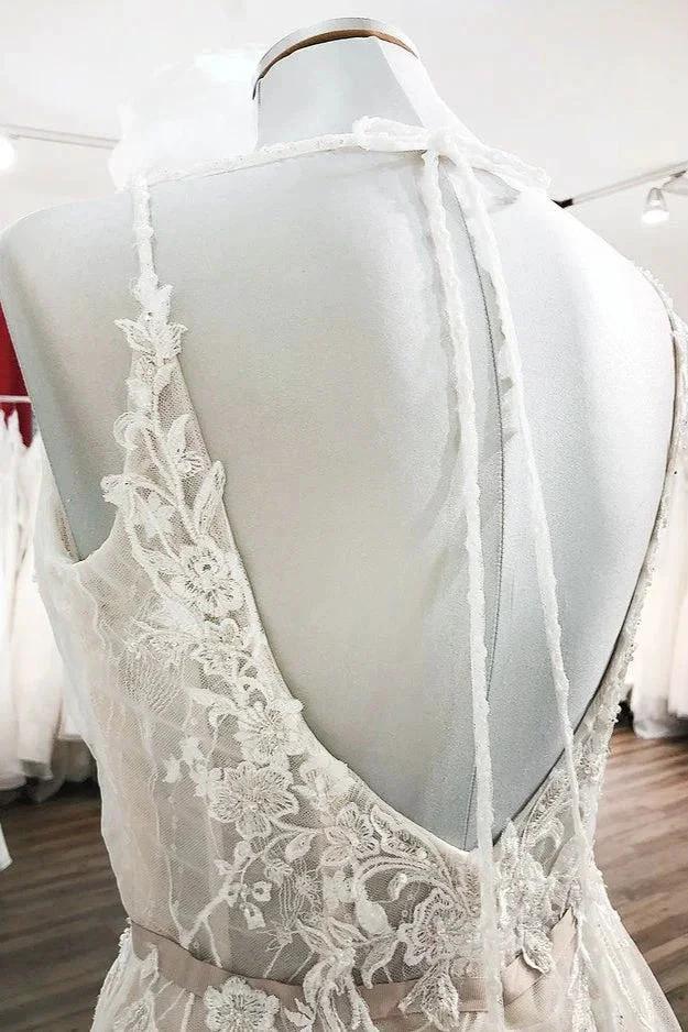 Graceful Long A-line Tulle V-neck Lace Backless Wedding Dresses by BIZTUNNEL