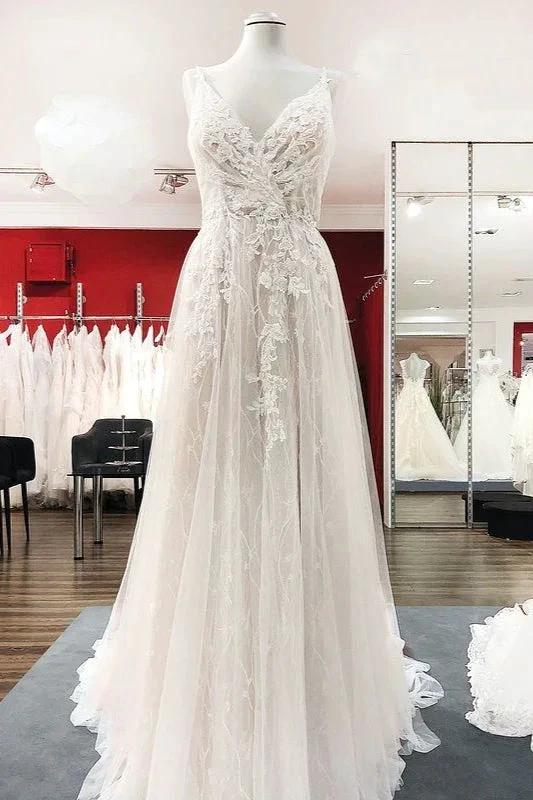 Graceful Long A-line Tulle V-neck Lace Backless Wedding Dresses by BIZTUNNEL