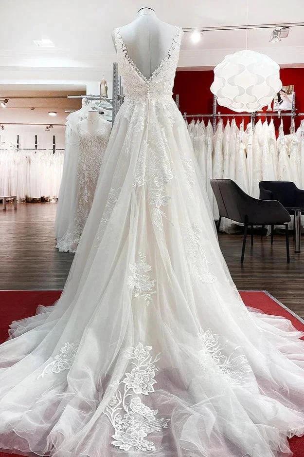 Graceful Long A-line Tulle V Neck Lace Open Back Wedding Dresses by BIZTUNNEL