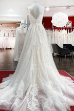 Graceful Long A-line Tulle V Neck Lace Open Back Wedding Dresses by BIZTUNNEL
