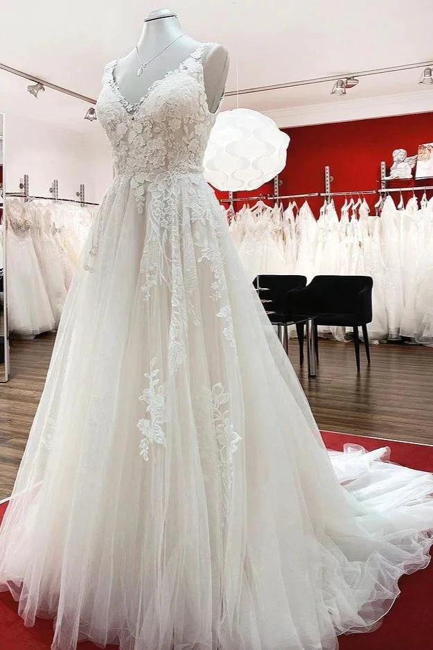 Graceful Long A-line Tulle V Neck Lace Open Back Wedding Dresses by BIZTUNNEL
