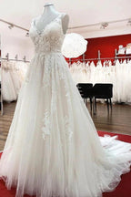 Graceful Long A-line Tulle V Neck Lace Open Back Wedding Dresses by BIZTUNNEL