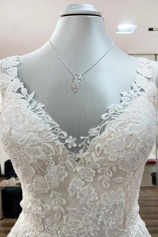 Graceful Long A-line Tulle V Neck Lace Open Back Wedding Dresses by BIZTUNNEL