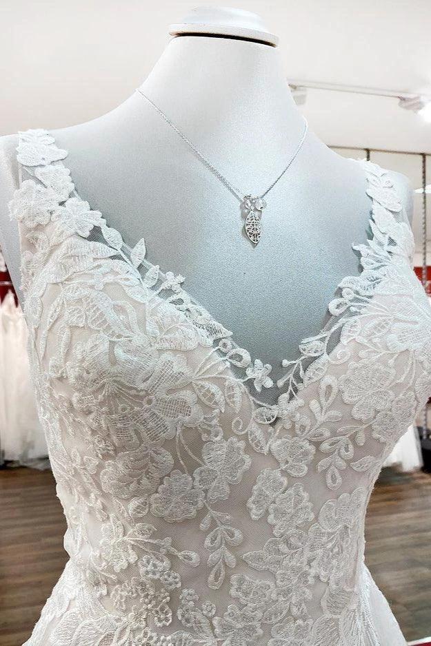 Graceful Long A-line Tulle V Neck Lace Open Back Wedding Dresses by BIZTUNNEL