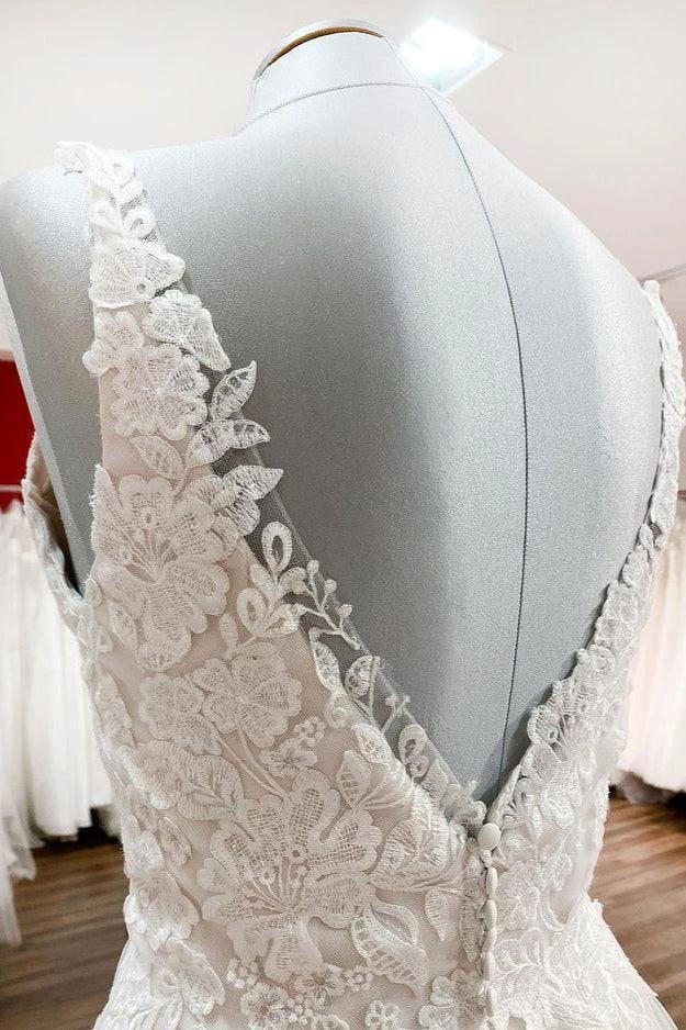 Graceful Long A-line Tulle V Neck Lace Open Back Wedding Dresses by BIZTUNNEL