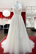 Graceful Long A-line Tulle V Neck Lace Open Back Wedding Dresses by BIZTUNNEL