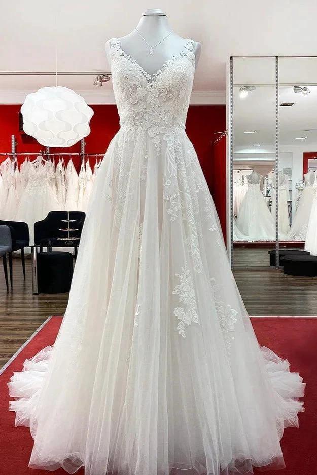 Graceful Long A-line Tulle V Neck Lace Open Back Wedding Dresses by BIZTUNNEL