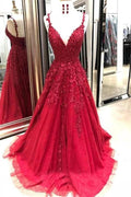 Graceful Long A-line V-neck Open Back Lace Red Prom Dress by BIZTUNNEL