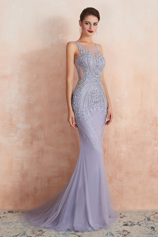 Graceful Long Jewel Tulle Mermaid Evening Dress