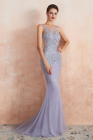 Graceful Long Jewel Tulle Mermaid Evening Dress