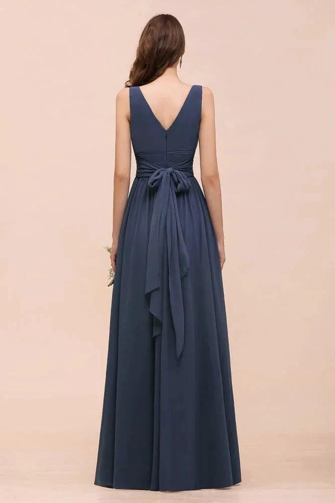 Gray Side Split Bridesmaid Dress V-Neck Sleeveless Floor Length dress for Bride by misshow.com