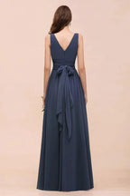Gray Side Split Bridesmaid Dress V-Neck Sleeveless Floor Length dress for Bride by misshow.com
