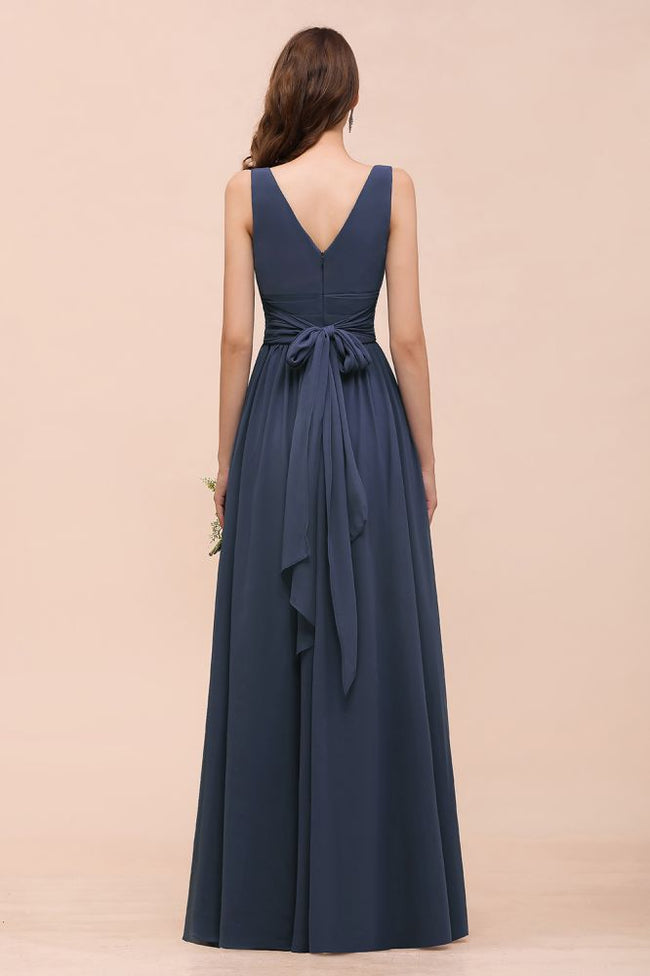 Gray Side Split Bridesmaid Dress V-Neck Sleeveless Floor Length dress for Bride Main Image