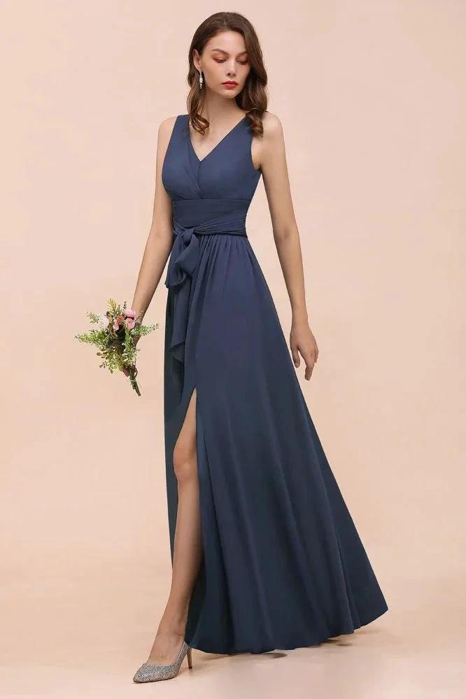 Gray Side Split Bridesmaid Dress V-Neck Sleeveless Floor Length dress for Bride by misshow.com