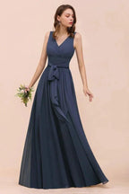 Gray Side Split Bridesmaid Dress V-Neck Sleeveless Floor Length dress for Bride by misshow.com