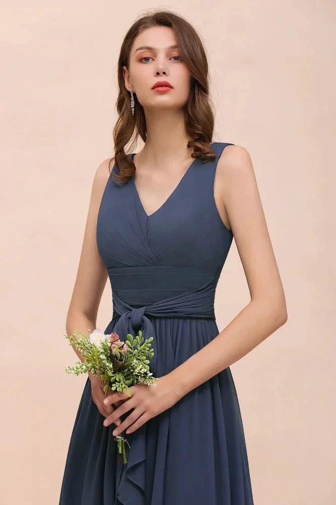Gray Side Split Bridesmaid Dress V-Neck Sleeveless Floor Length dress for Bride by misshow.com