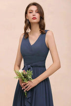 Gray Side Split Bridesmaid Dress V-Neck Sleeveless Floor Length dress for Bride by misshow.com