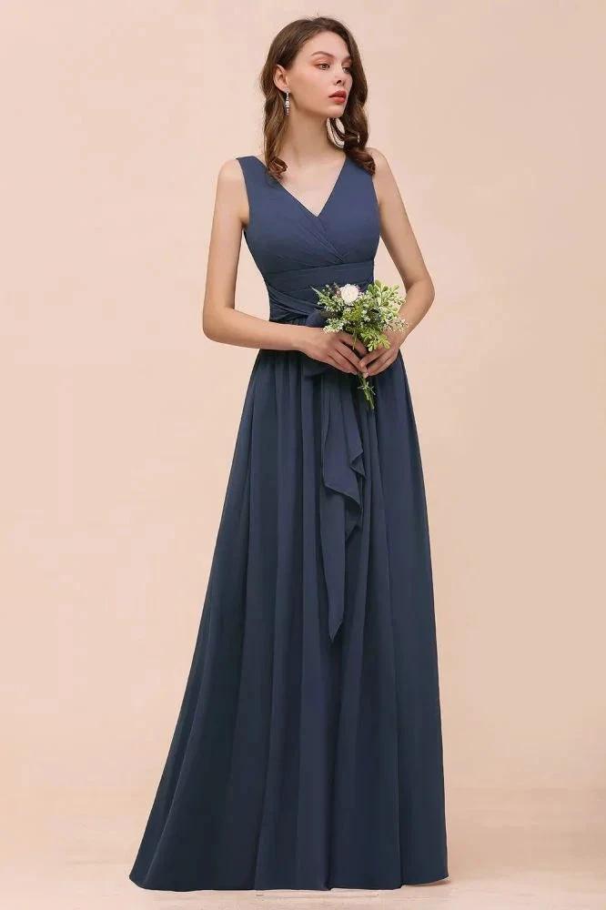 Gray Side Split Bridesmaid Dress V-Neck Sleeveless Floor Length dress for Bride by misshow.com