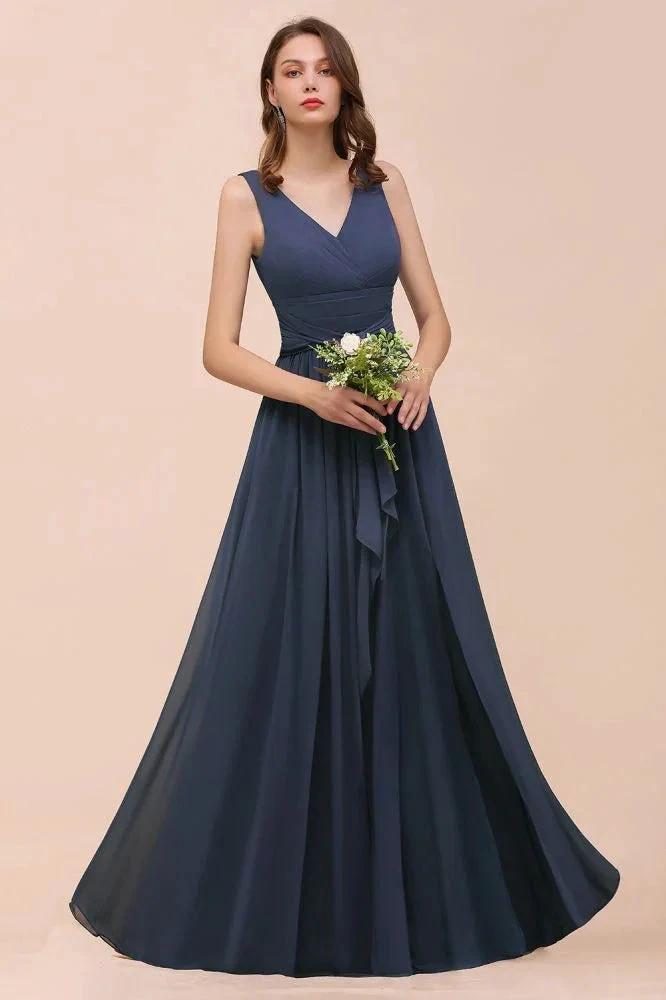 Gray Side Split Bridesmaid Dress V-Neck Sleeveless Floor Length dress for Bride by misshow.com