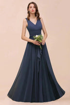Gray Side Split Bridesmaid Dress V-Neck Sleeveless Floor Length dress for Bride by misshow.com