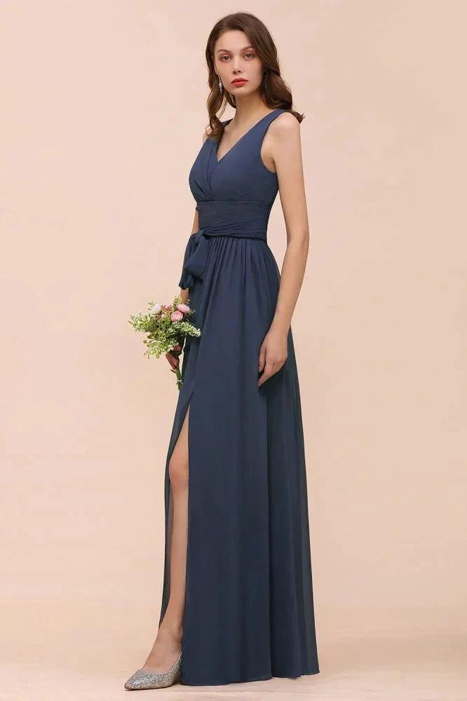 Gray Side Split Bridesmaid Dress V-Neck Sleeveless Floor Length dress for Bride by misshow.com