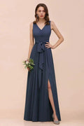 Gray Side Split Bridesmaid Dress V-Neck Sleeveless Floor Length dress for Bride by misshow.com