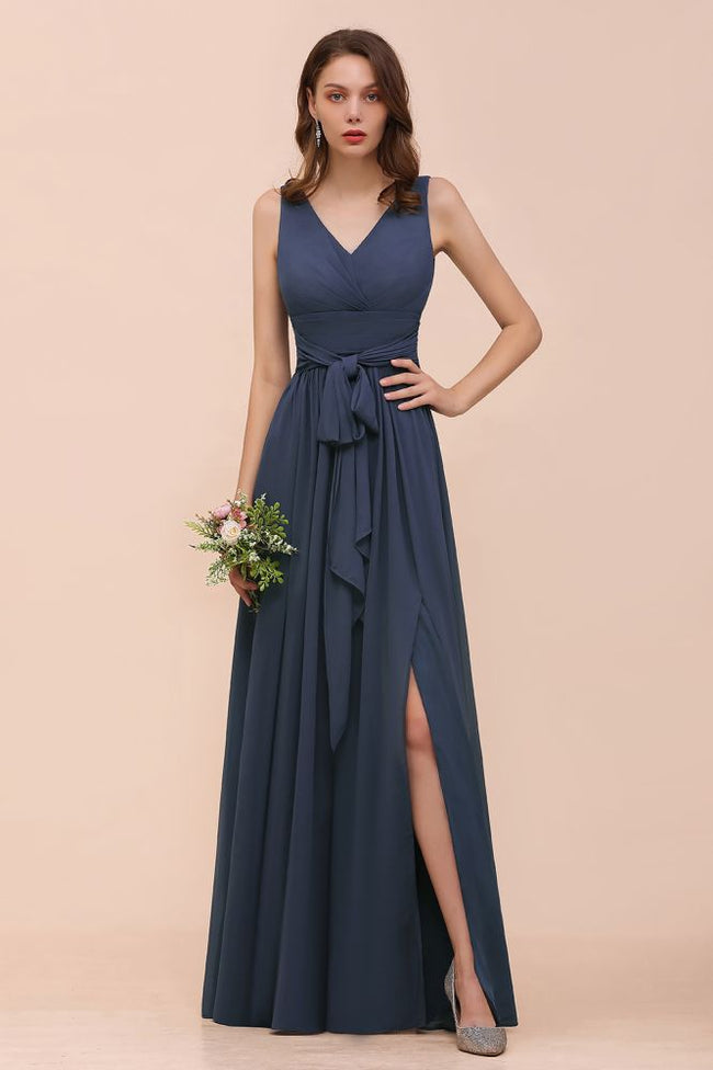 Gray Side Split Bridesmaid Dress V-Neck Sleeveless Floor Length dress for Bride Hover Image
