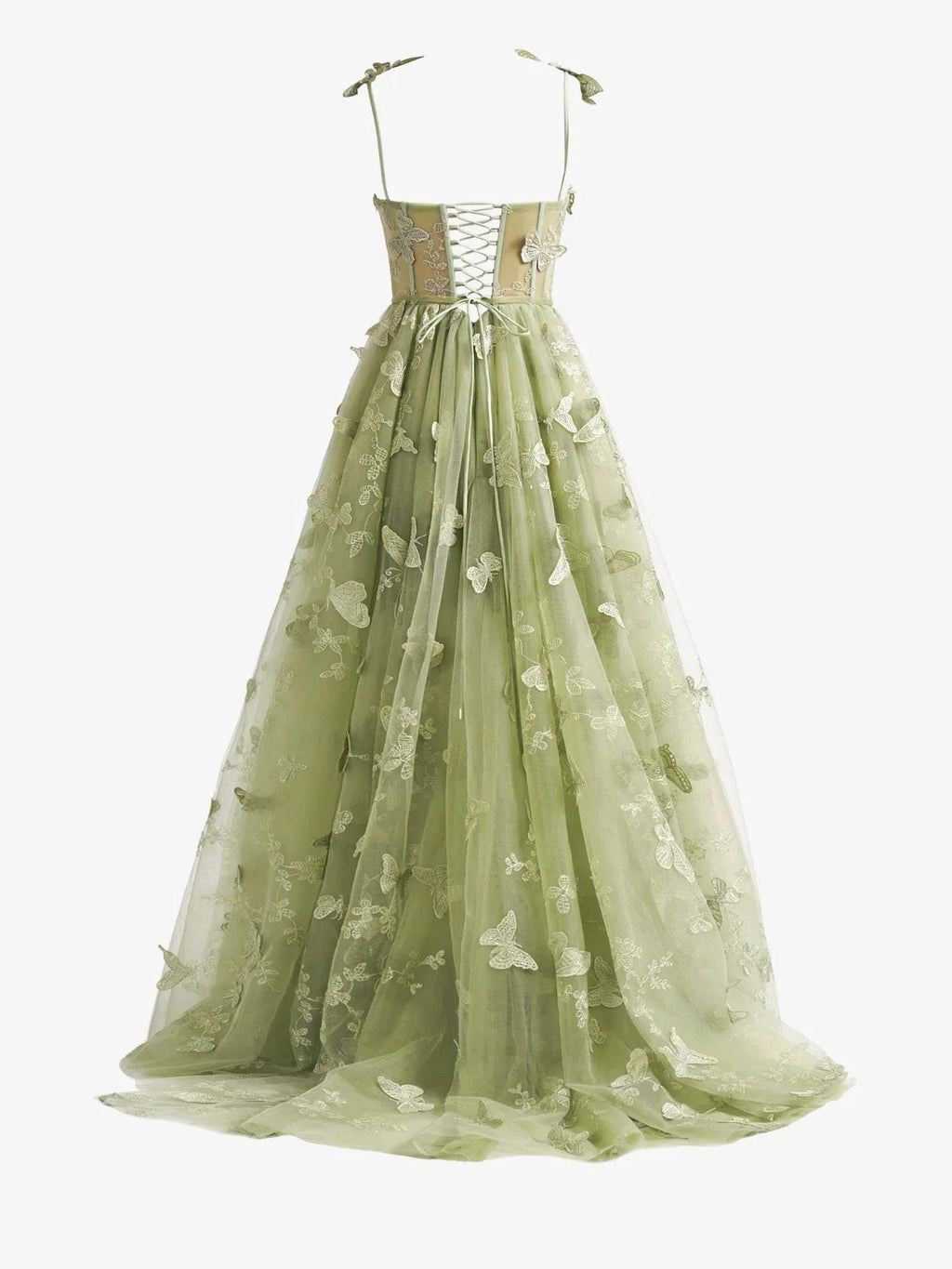 Green A-line Butterfly Lace Lilac Corset Prom Dress with Slit by KissProm
