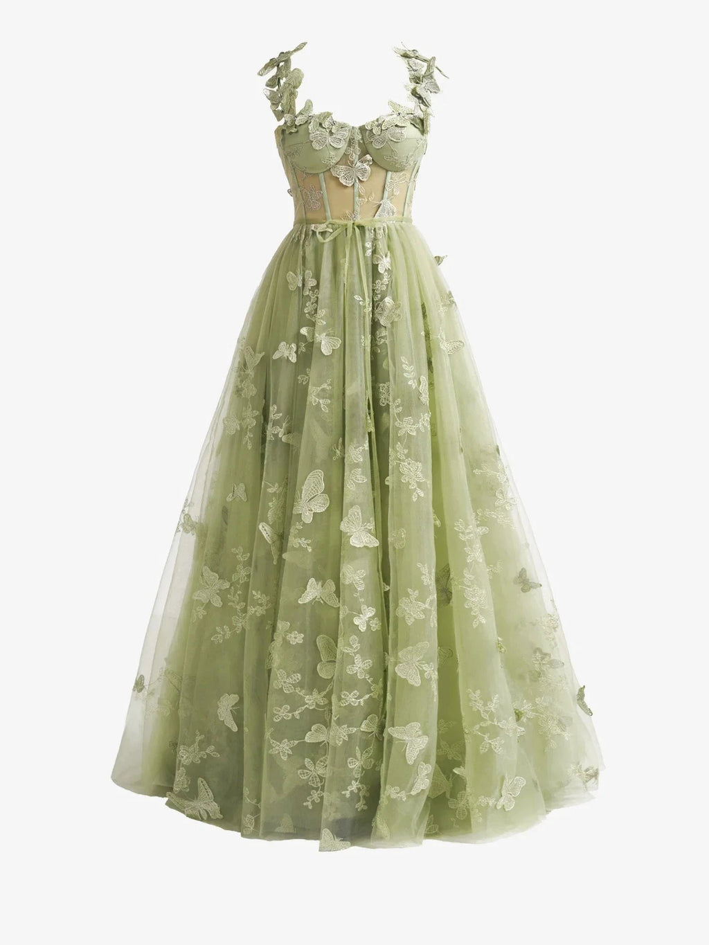 Green A-line Butterfly Lace Lilac Corset Prom Dress with Slit by KissProm
