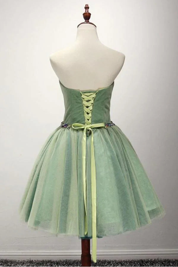 Vestido de fiesta corto de tul con escote corazón y cuentas, color verde, talla PG140