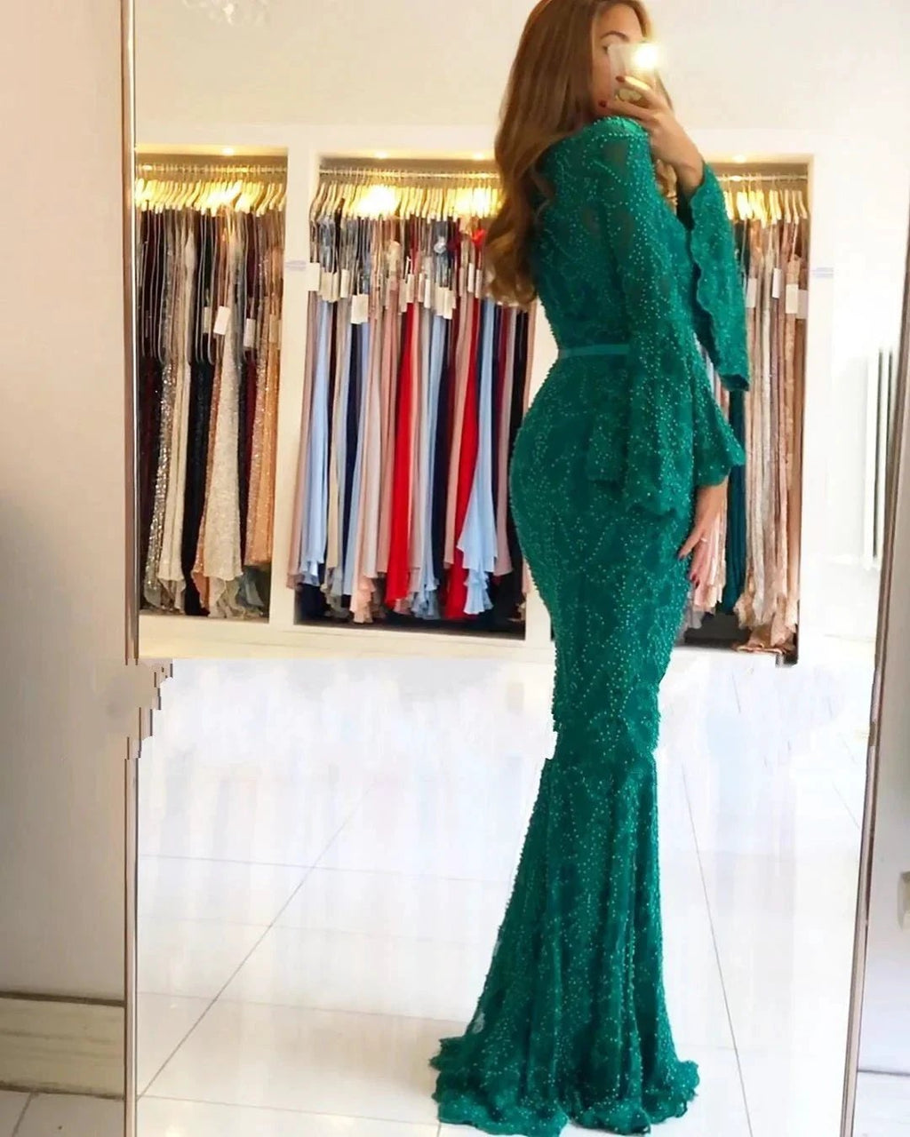 Green Mermaid Sweetheart Lace Long Prom Dresses with Sleeves by BIZTUNNEL