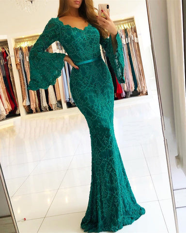Vestidos de fiesta largos de encaje con escote corazón y mangas de sirena verde