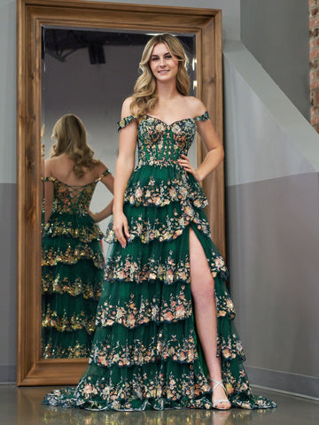 Prinzessin A-Linie Off-Shoulder Korsett Ballkleid mit Spitzenrüschen