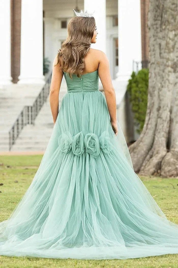 Green Strapless A-Line Tulle Long Prom Dresses by Kissprom