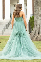 Green Strapless A-Line Tulle Long Prom Dresses by Kissprom