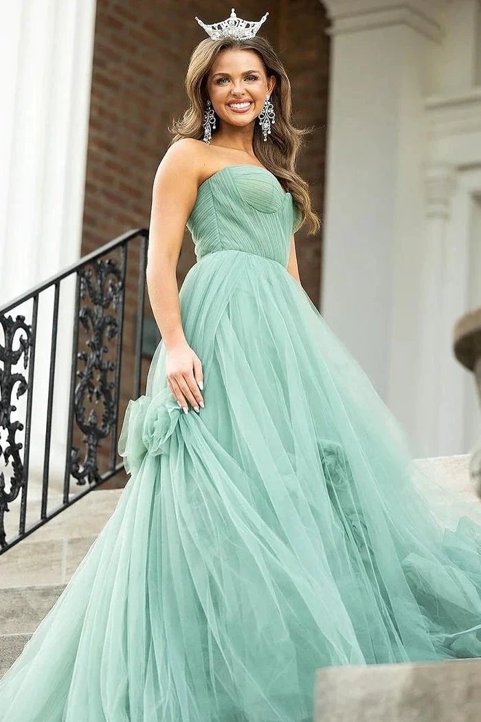 Green Strapless A-Line Tulle Long Prom Dresses by Kissprom