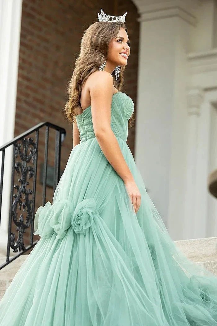 Green Strapless A-Line Tulle Long Prom Dresses by Kissprom